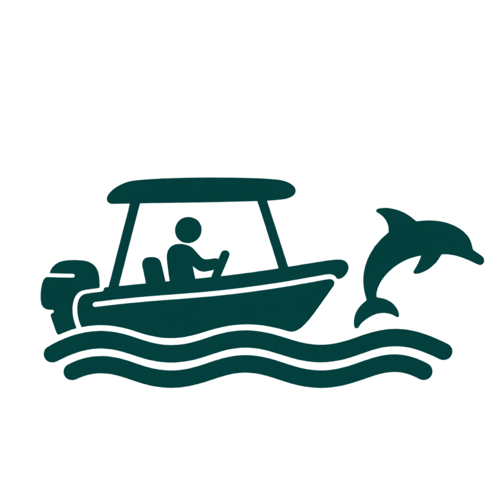 Teal silhouette of a boat with a person and a dolphin jumping beside the waves.