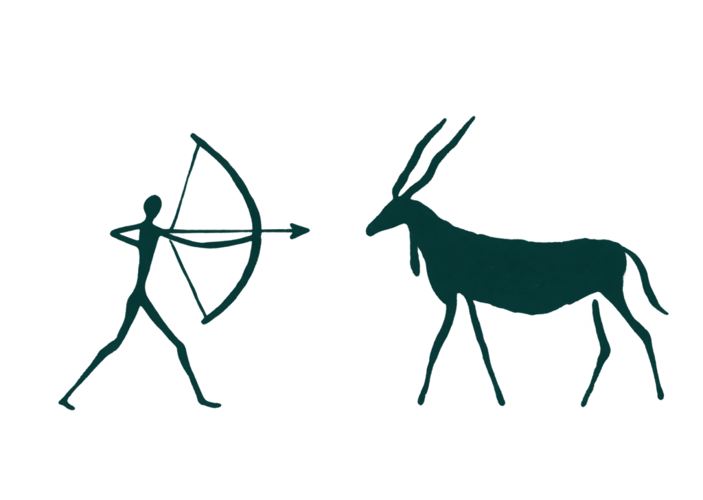 Illustration of a hunter aiming a bow at a RooiKat antelope silhouette.