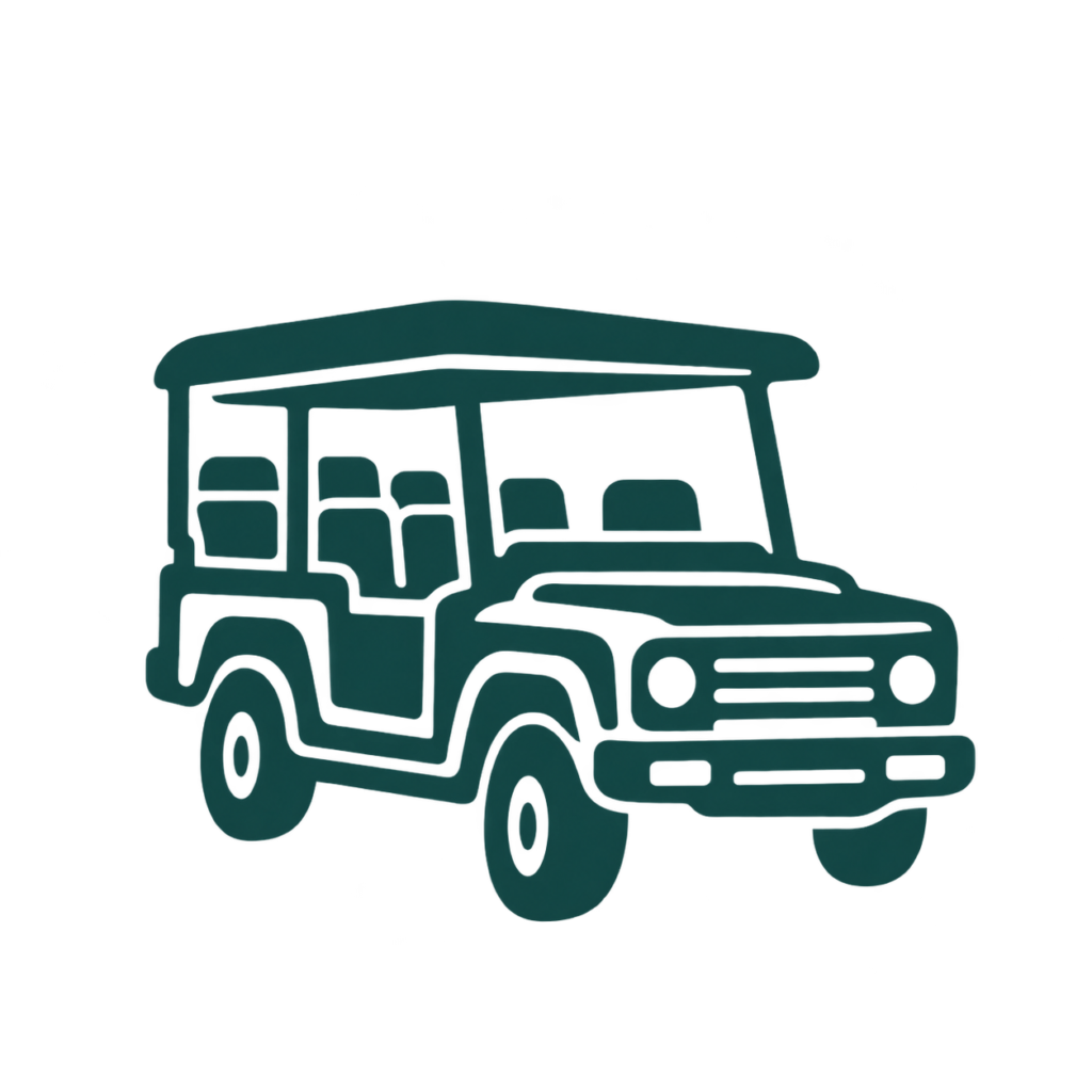 Teal silhouette of a classic open-top safari jeep with passengers, wheels and roof, suitable for nature and travel imagery.